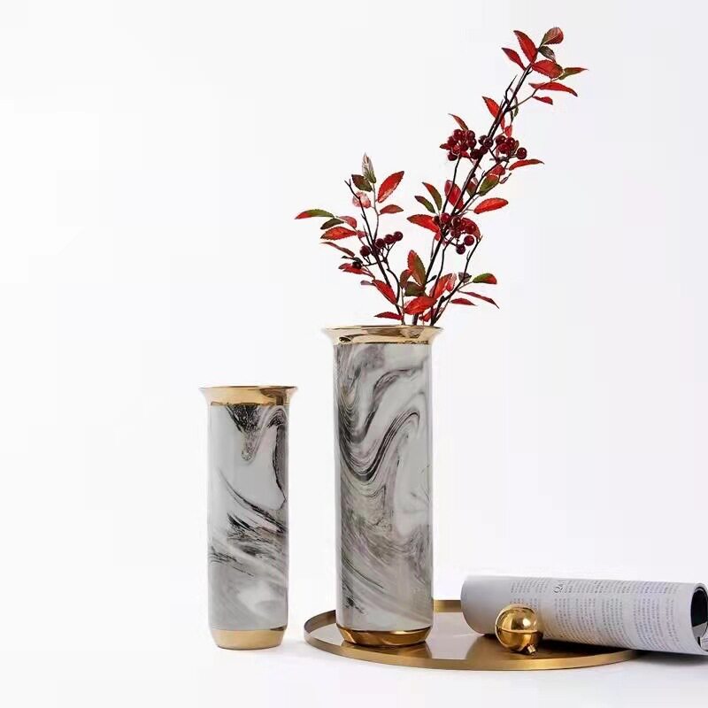 现代轻奢陶瓷大理石纹电镀花瓶样板房酒店干花插花器工艺品摆件