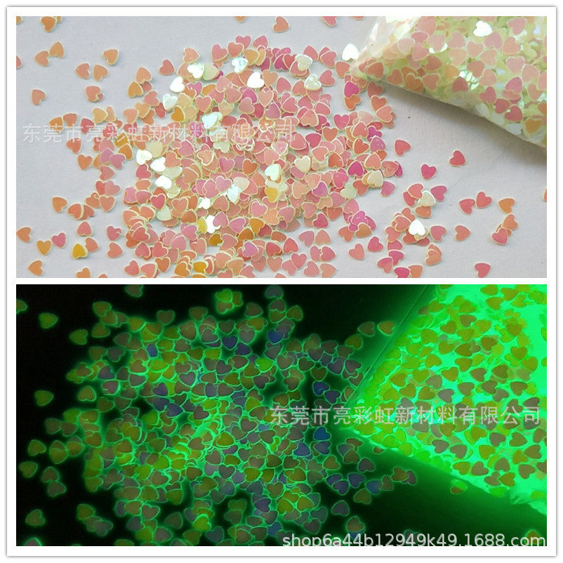 红七彩夜光爱心亮片桃心形美甲贴片跨境电商热销荧光发光片
