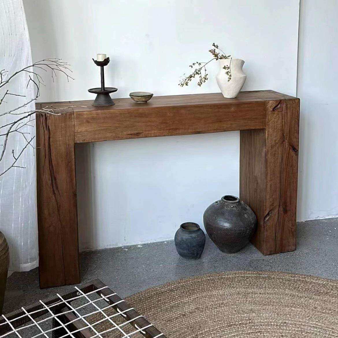 美式原木玄关桌复古做旧实木靠墙装饰展示长桌玄关台条案客厅民宿