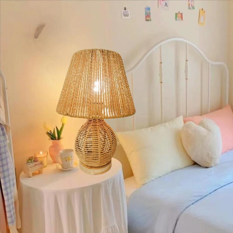 床头台灯手工编织卧室床头台灯插电式装饰台灯中式麻绳台灯