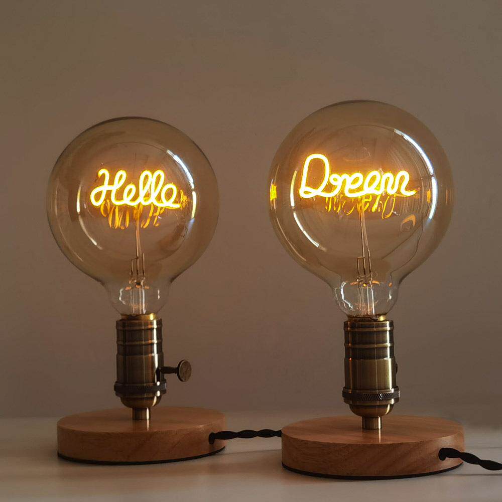 复古床头氛围灯实木插电小夜灯LED字母暖光卧室床头桌面装饰台灯