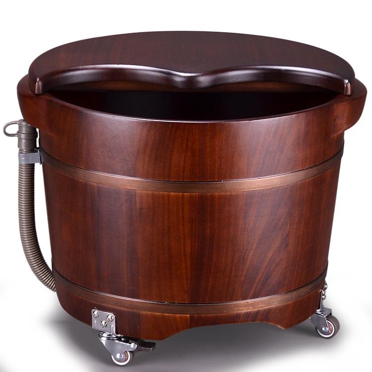 足浴桶泡脚木桶洗脚木盆带轮子排水按摩桶家用过小腿花梨木养生盆