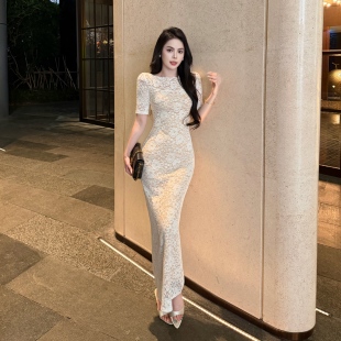 夏季新款重工提花蕾丝复古优雅精致女人收腰连衣裙