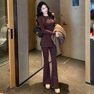 自留【纸片人套装】秋冬简约纯色加绒开叉长袖上衣显瘦喇叭裤套装