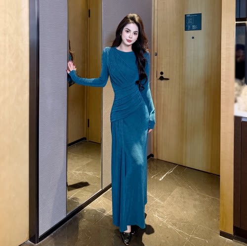 【冰冰私服】秋冬法式纯欲收腰V领小众设计感胸口绑带蕾丝连衣裙