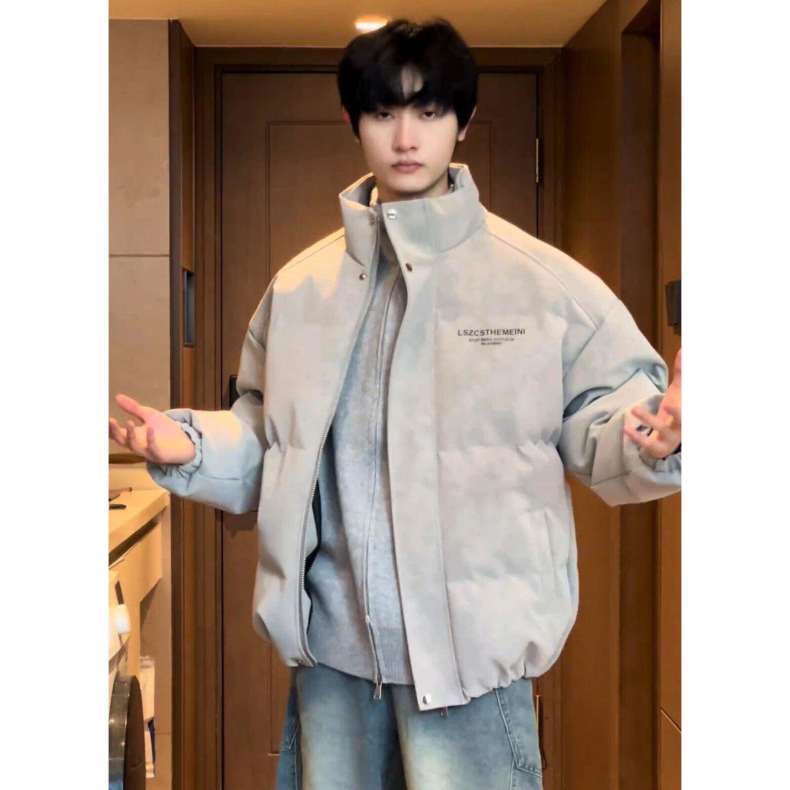 冬季雾面PU皮羽绒服男款美式覆古加厚潮牌痞帅高级感棉服宽松外套