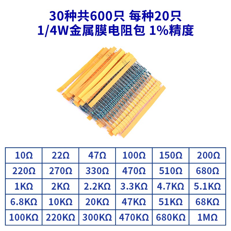 1/4W金属膜电阻包0.5W1W2W3W直插电子元件包19/30/41/130种1%常用