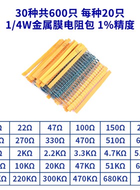 1/4W金属膜电阻包0.5W1W2W3W直插电子元件包19/30/41/130种1%常用