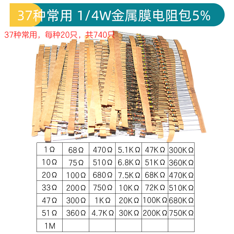 1/4W金属膜电阻包碳膜25/30/37/41/43种常用1%直插色环电子元件器