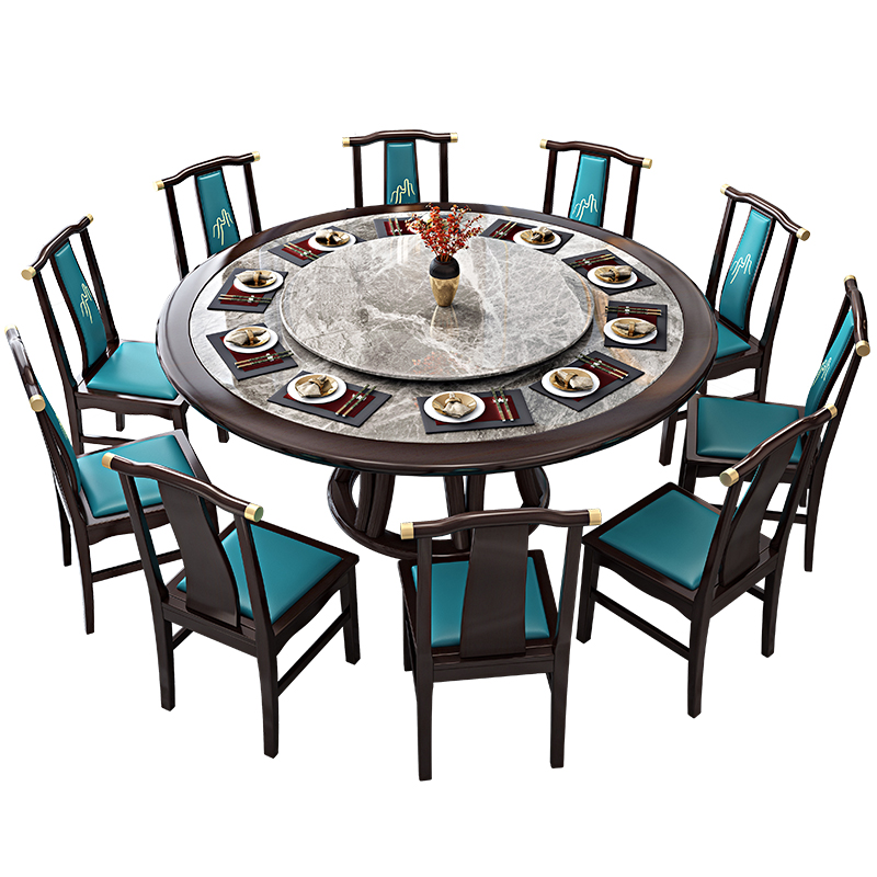 极速实木餐桌新中式圆桌2m大户型酒E店岩板大圆桌家用15人饭桌椅