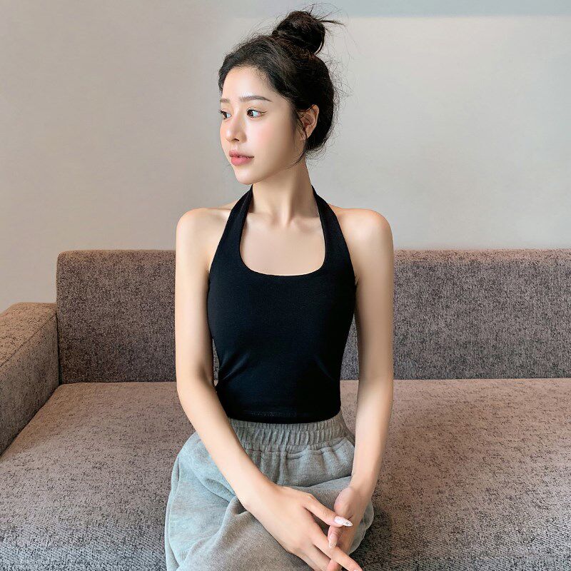 极速黑色挂脖吊带背心女q2025新款夏季外穿美背带胸垫内搭短款打