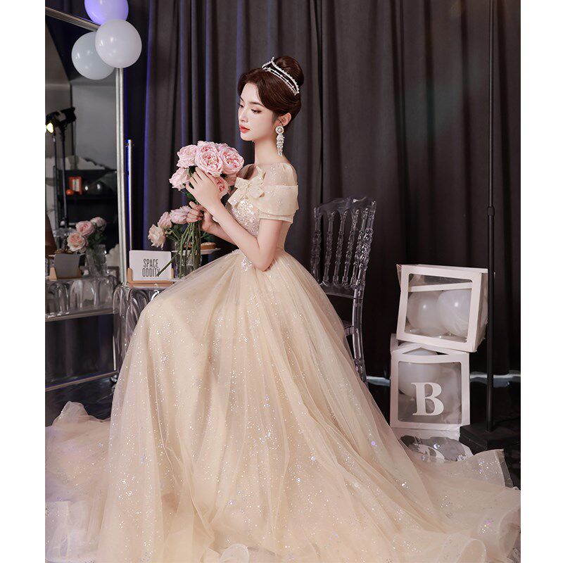 新品轻奢高端小个子晚礼服小众香槟色长款公主裙R成人礼女学生毕