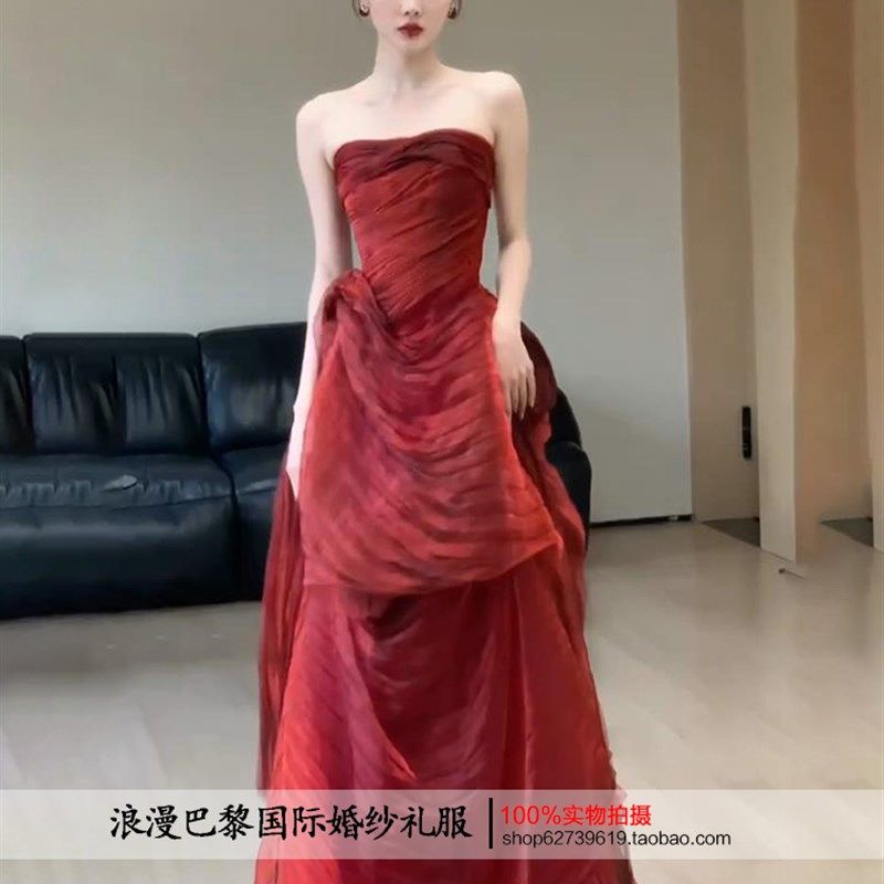 速发酒红色抹胸晚礼服2025小众简约不规则裙摆回门答谢新娘订婚敬