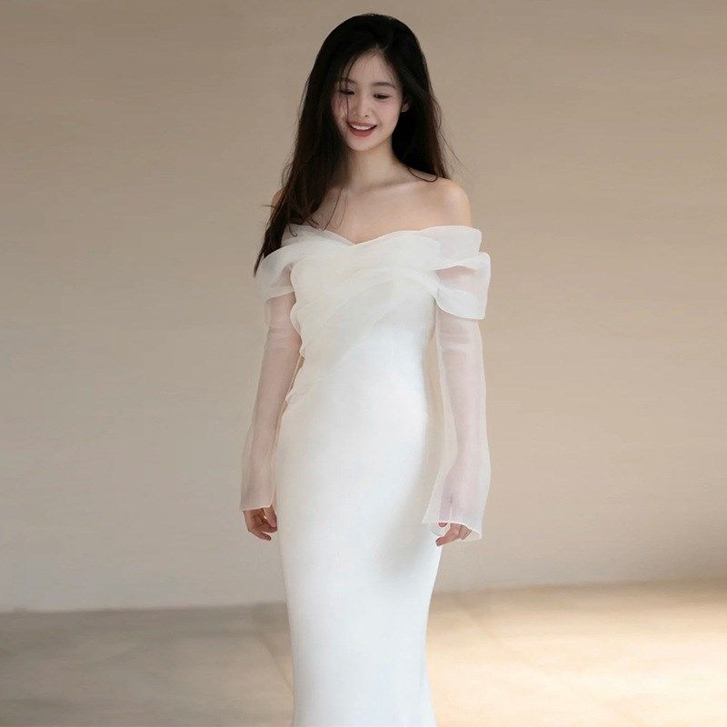 新品2025f新款一字肩轻婚纱超仙森系新娘气质出门纱鱼尾修身白色