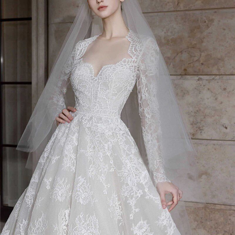 新品法式蕾丝f长袖轻婚纱出门纱拖尾V领新娘结婚大码小个子显瘦主
