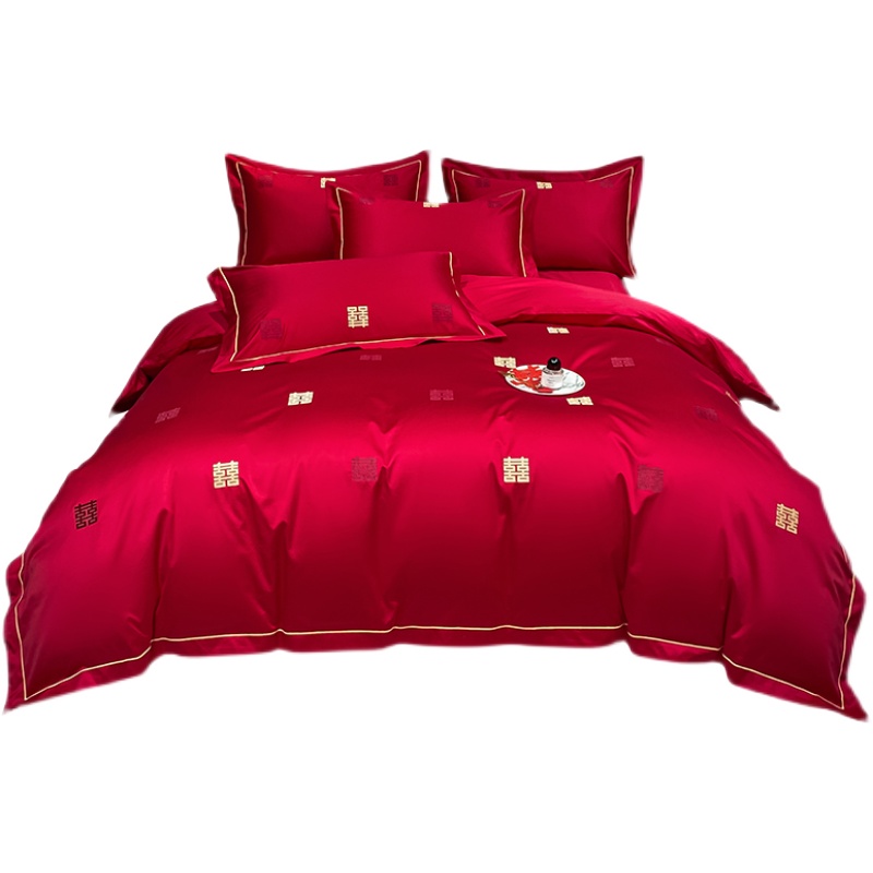 极速结婚四件套婚庆婚房喜被床单刺绣被套被单婚S礼欧式大红色床