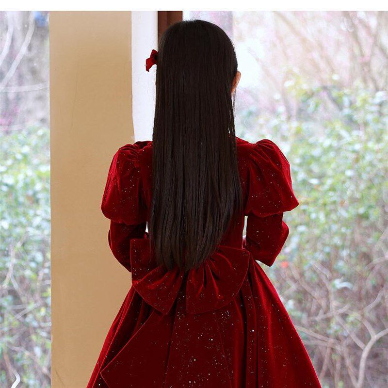 新品儿童新款秋冬季女童公主裙A酒红长袖丝绒礼服生日元旦女宝周
