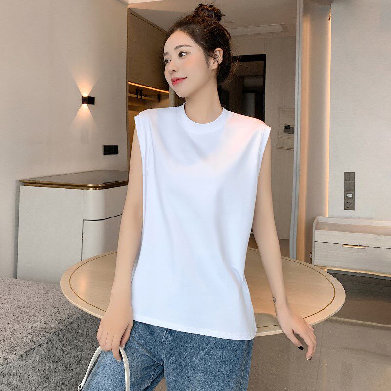 极速白色纯棉无袖背心女夏季外穿半高领坎肩t恤叠穿X打底内搭宽松