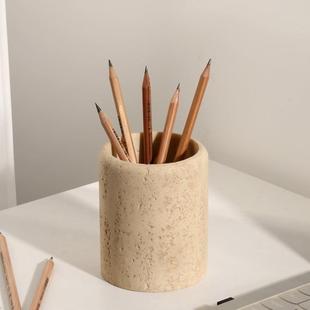 洞石笔筒轻奢感办公室桌面收纳盒办公桌创意简约摆件笔座