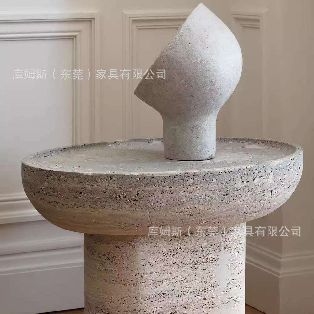 北欧风简约灰洞石客厅沙发边几家用小户型椭圆形阳台茶桌轻奢角几
