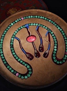 古玩珍品旧藏收珍贵清代翠玉朝珠一条配老刺N绣盒子收藏品送礼佳