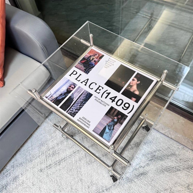 亚克力透明f边几茶几不锈钢置物架床头柜客厅收纳移动小推车展架