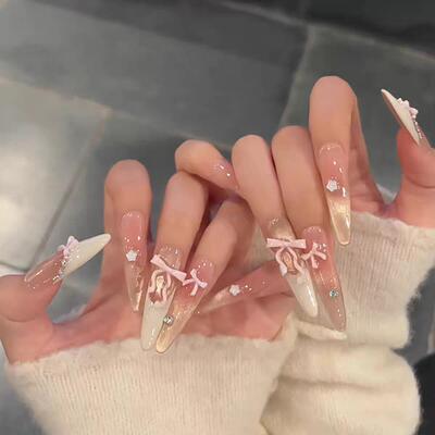 【甜梦爱丽丝】蝴蝶结渐变猫眼少女风梦幻显白中长款纯手工穿戴甲