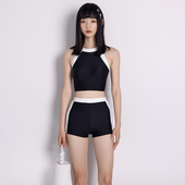 KISSINGGOURAMI拼色圆领平角分体泳衣女性感显瘦露背运动冲浪泳装