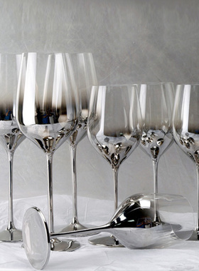 水晶玻璃电d镀银灰色渐变美式红酒杯子高级金O属感展厅高脚杯醒酒