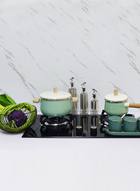 简约现代北欧厨具k摆件样板间厨房摆件珐琅搪瓷木柄双耳汤锅道具