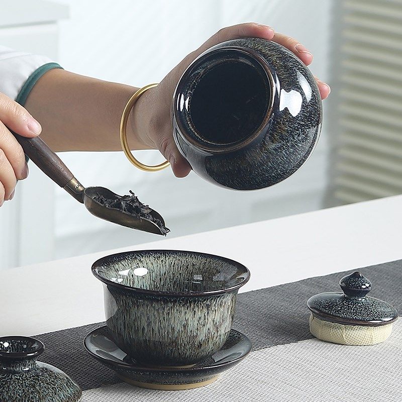 窑变功夫茶具套装陶瓷茶壶天目釉建盏办公室会客茶杯W盖碗礼盒轻