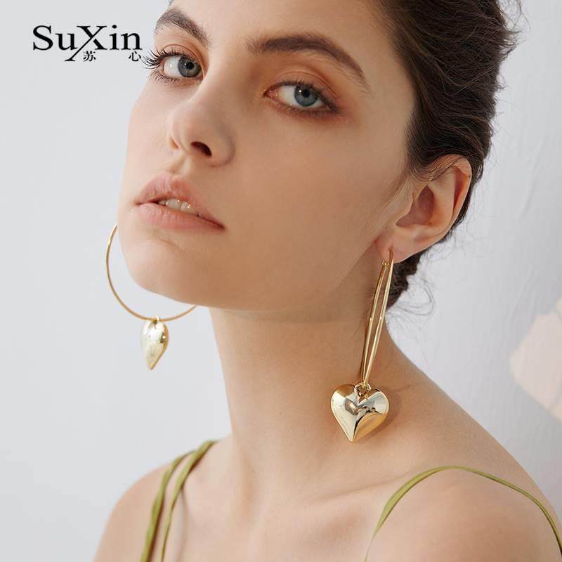 苏心925银针圆圈爱心吊坠耳环女式夸张款日韩风气质潮搭百搭耳饰