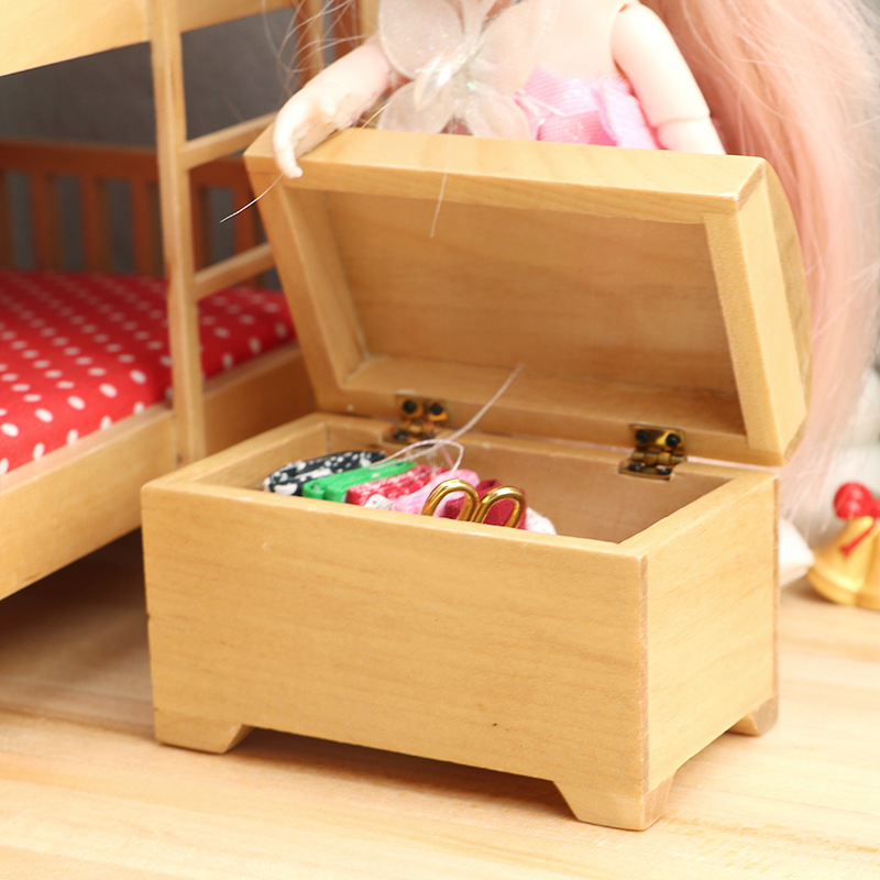 1:12娃娃屋dollhouse迷你家具BJD儿童房场景原木色宝箱模型实木