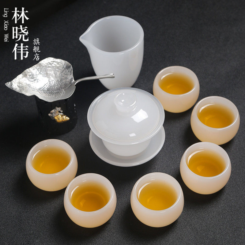 景德镇玉瓷茶具套l装整套功夫茶杯盖碗大公道杯琉璃玉石白瓷礼盒