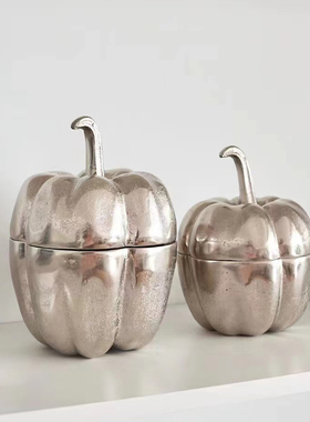 北欧轻奢银色南瓜造型收纳罐金属储物罐复L古做旧茶几软装饰品摆