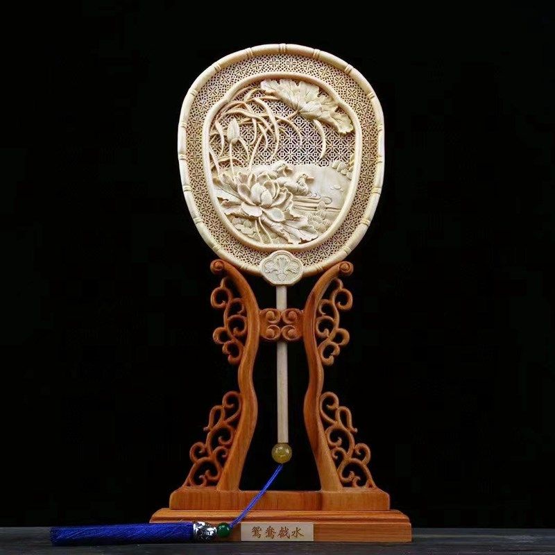 木扇摆件中式古典宫扇家居w装饰玄关木雕扇子龙关公达摩龙凤八仙