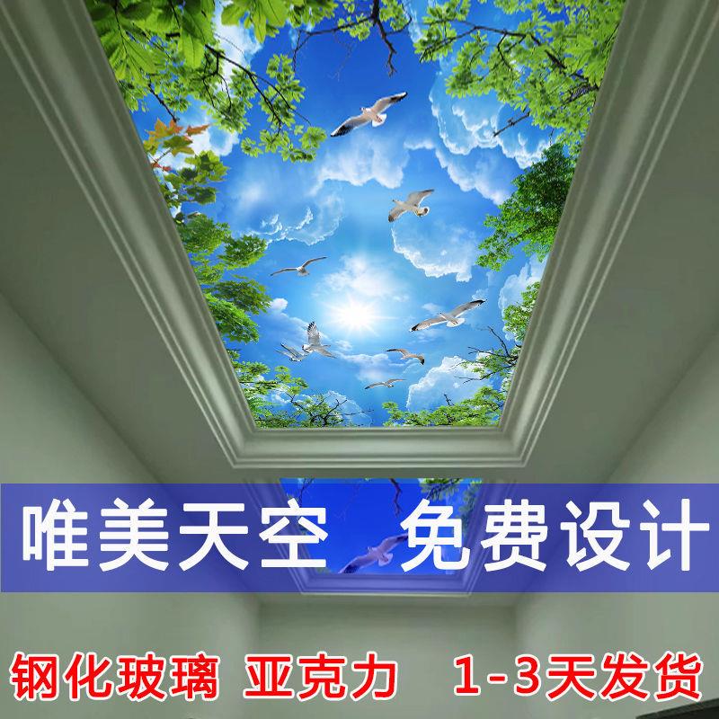定客厅过道走廊吊顶亚克力艺术玻璃透光板唯美蓝天白云花草装饰画图片
