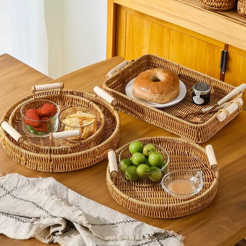 手工编织藤编水果篮客厅茶几零食摆放盘收纳筐面包篮薯条筐小吃篮