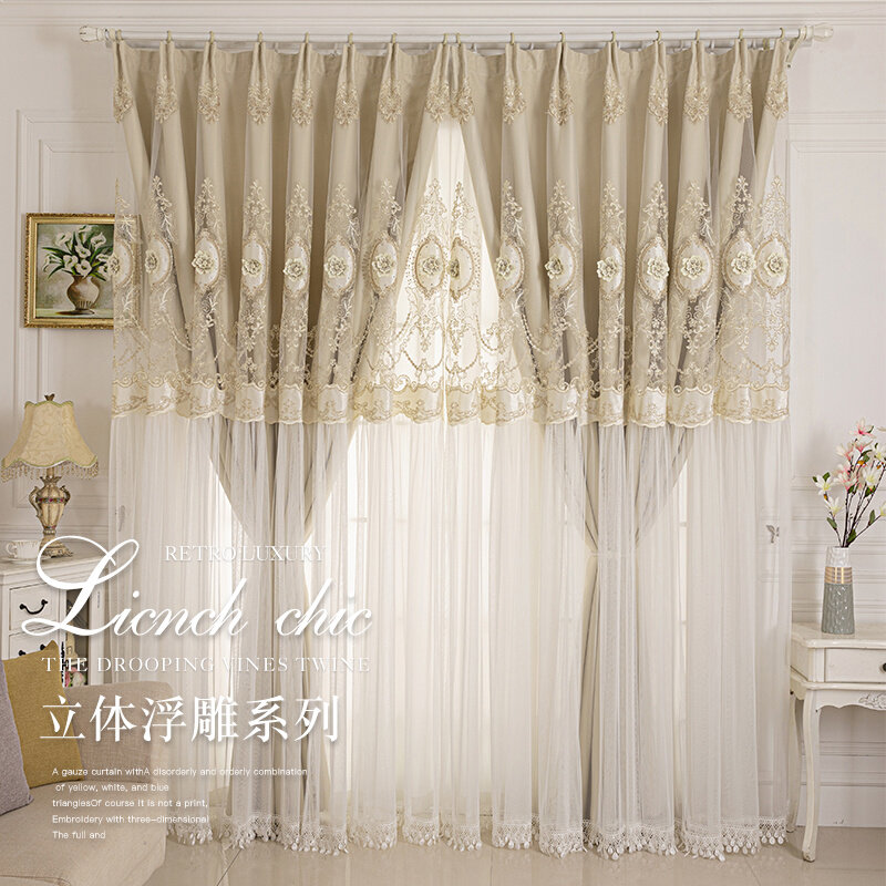 纱布一体全遮光窗帘免打孔欧式纱帘装饰纯色飘窗落地窗客厅房间