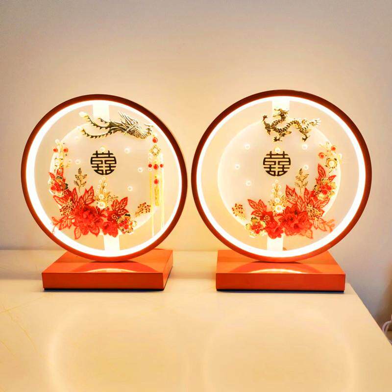 结婚台灯卧室床头灯中式浪漫送朋友礼物红色树脂灯长明灯婚庆礼品