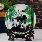 彩绘陶瓷家居国潮熊猫家庭室内客厅书房装 饰酒柜工艺礼品摆件盘子