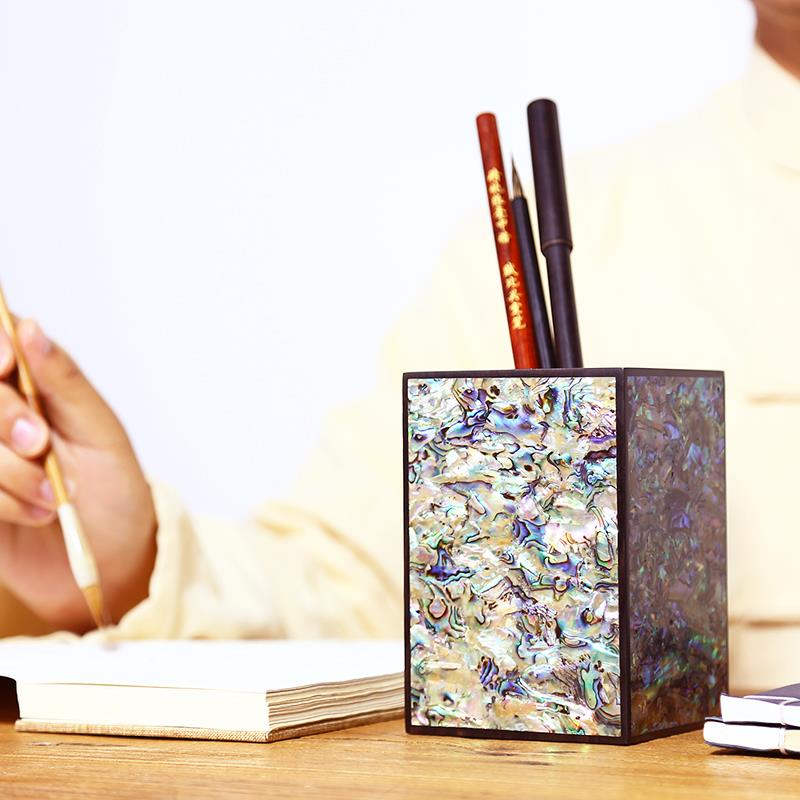 傅碧星国家非物质文化遗产四边镶嵌珍珠母笔笔筒优质乌木实木书房