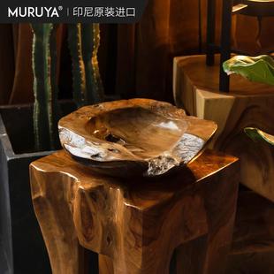 印尼原装进口柚木装饰品实木手工网红果盘工艺摆件根雕木盆复古
