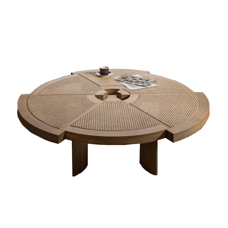 北欧现代简约侘寂风计师款民宿酒店客厅实木编藤齿轮茶几洽谈藤桌