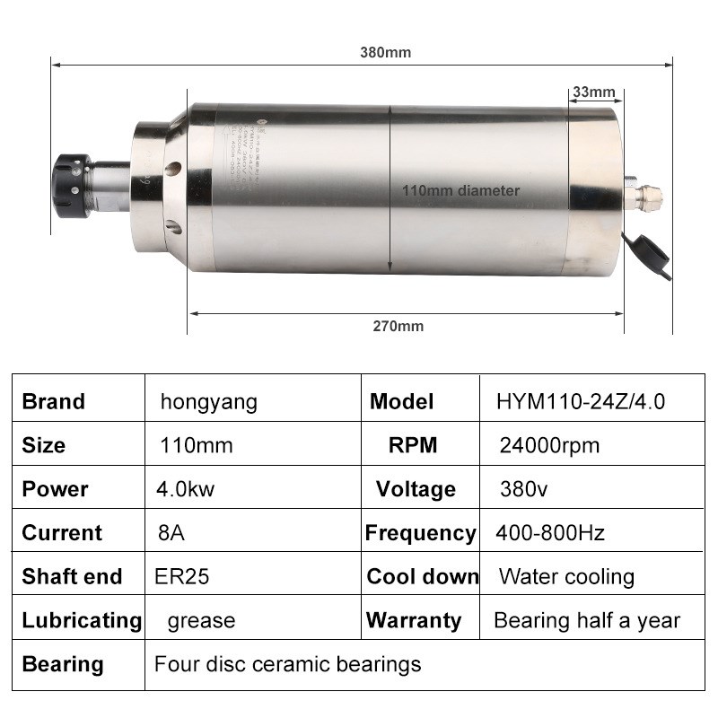 110mm ER25货源4.0KW 24000rpm数控 4轴承金属铣削水冷主轴