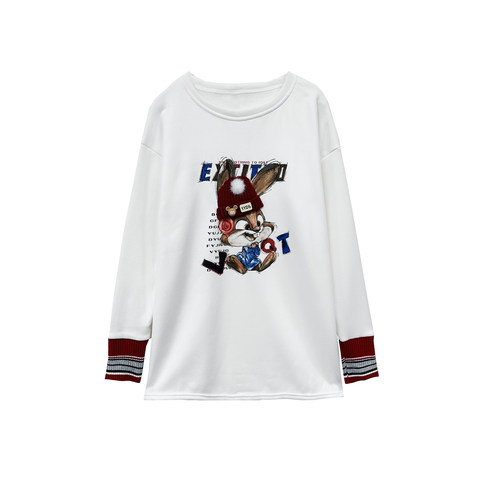 【甜馨tia专享】叠穿~ 加绒 ~兔子装饰拼接螺纹中长款长袖T恤