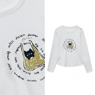【小田tia专享】双面绒卡通印花 圆形字母软糯绒感长袖T恤女
