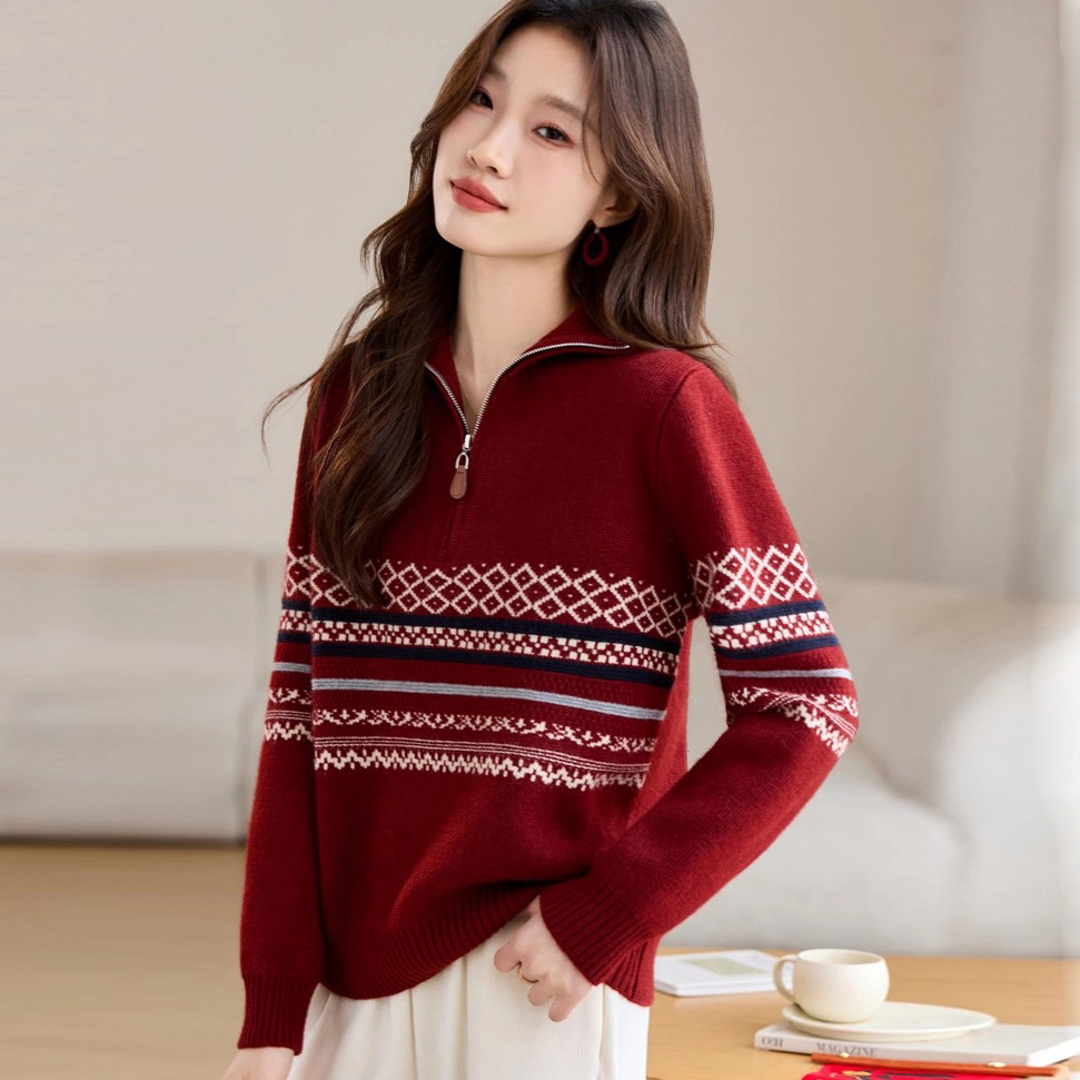 【小田tia专享】费尔岛风~氛围感半拉链提花针织毛衣女