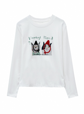 【小田tia专享】双面德绒 JU舒服 两只小猫卡通~百搭打底衫T恤女