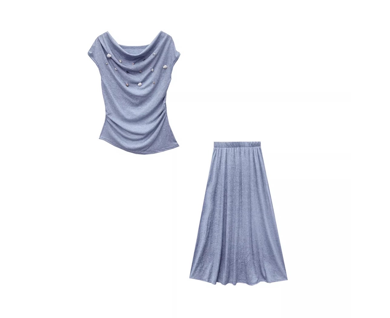 【小田tia专享】时尚重工贝壳扣装饰荡领上衣+半身裙套装